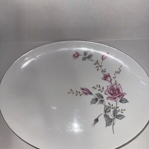 Castle Court Fine China Japan 12.5” Oval Rose Glow Pattern Platter Silver Trim